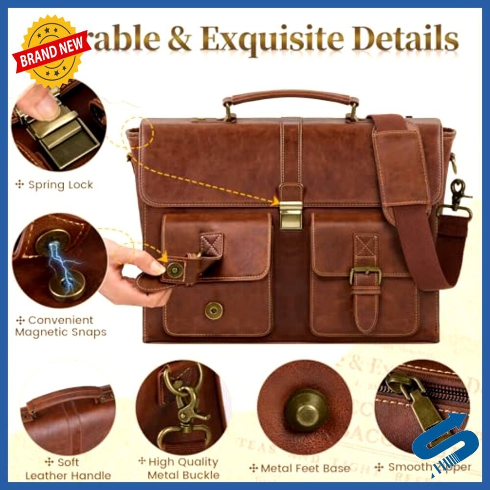 Vintage Leather Messenger Bag Laptop Briefcase Waterproof Office Travel Satchel - Picture 6 of 6